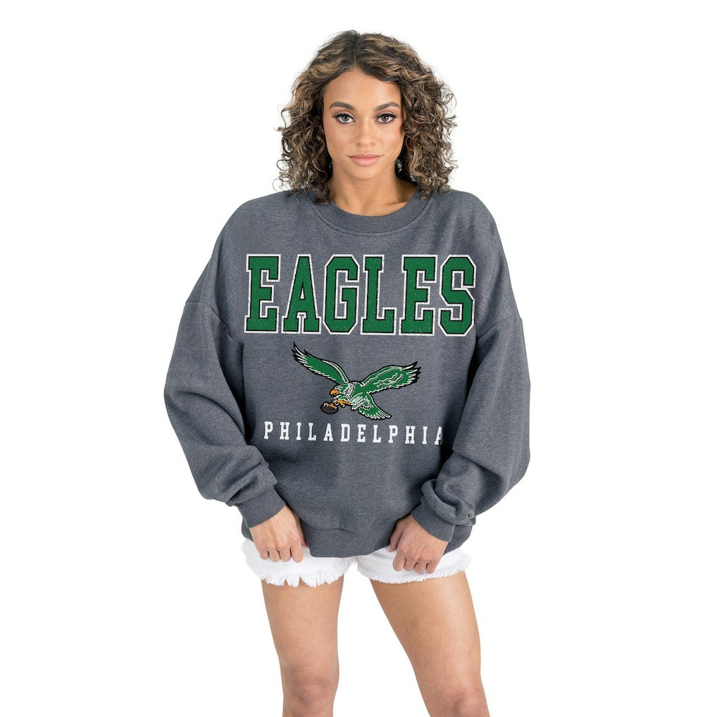 Philadelphia Eagles Gameday Couture Women's Bring Your Energy Oversized Premium Fleece Pullover Sweatshirt - Charcoal Pullover
