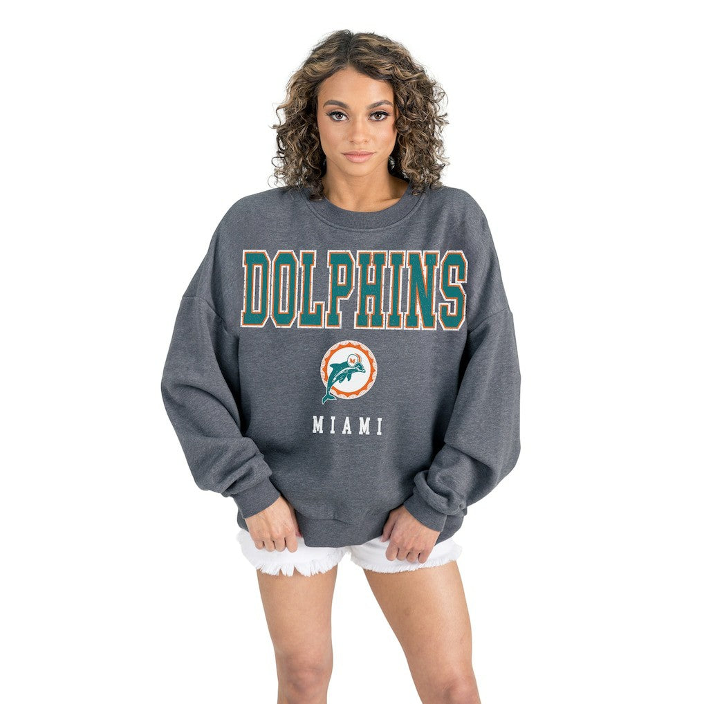 Miami Dolphins Gameday Couture Women's Bring Your Energy Oversized Premium Fleece Pullover Sweatshirt - Charcoal Pullover