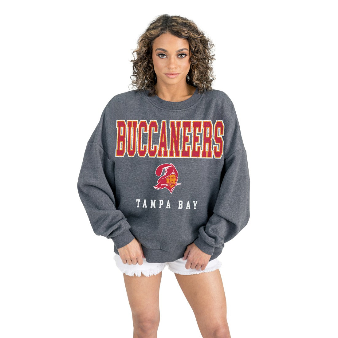 Tampa Bay Buccaneers Gameday Couture Women's Bring Your Energy Oversized Premium Fleece Pullover Sweatshirt - Charcoal Pullover