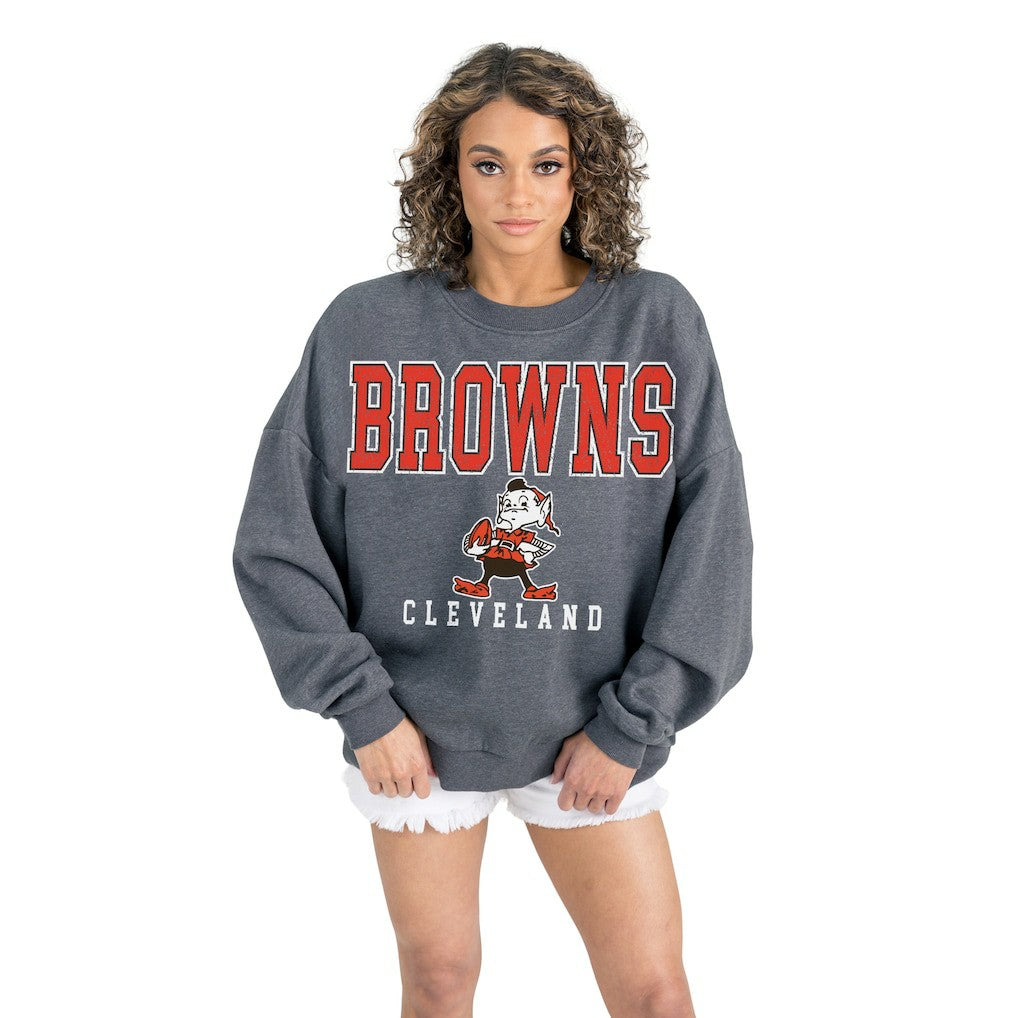 Cleveland Browns Gameday Couture Women's Bring Your Energy Oversized Premium Fleece Pullover Sweatshirt - Charcoal Pullover