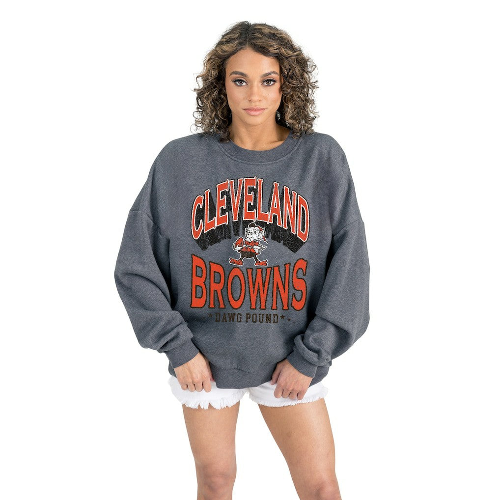 Cleveland Browns Gameday Couture Women's Long Weekends Oversized Premium Fleece Pullover Sweatshirt - Charcoal Pullover