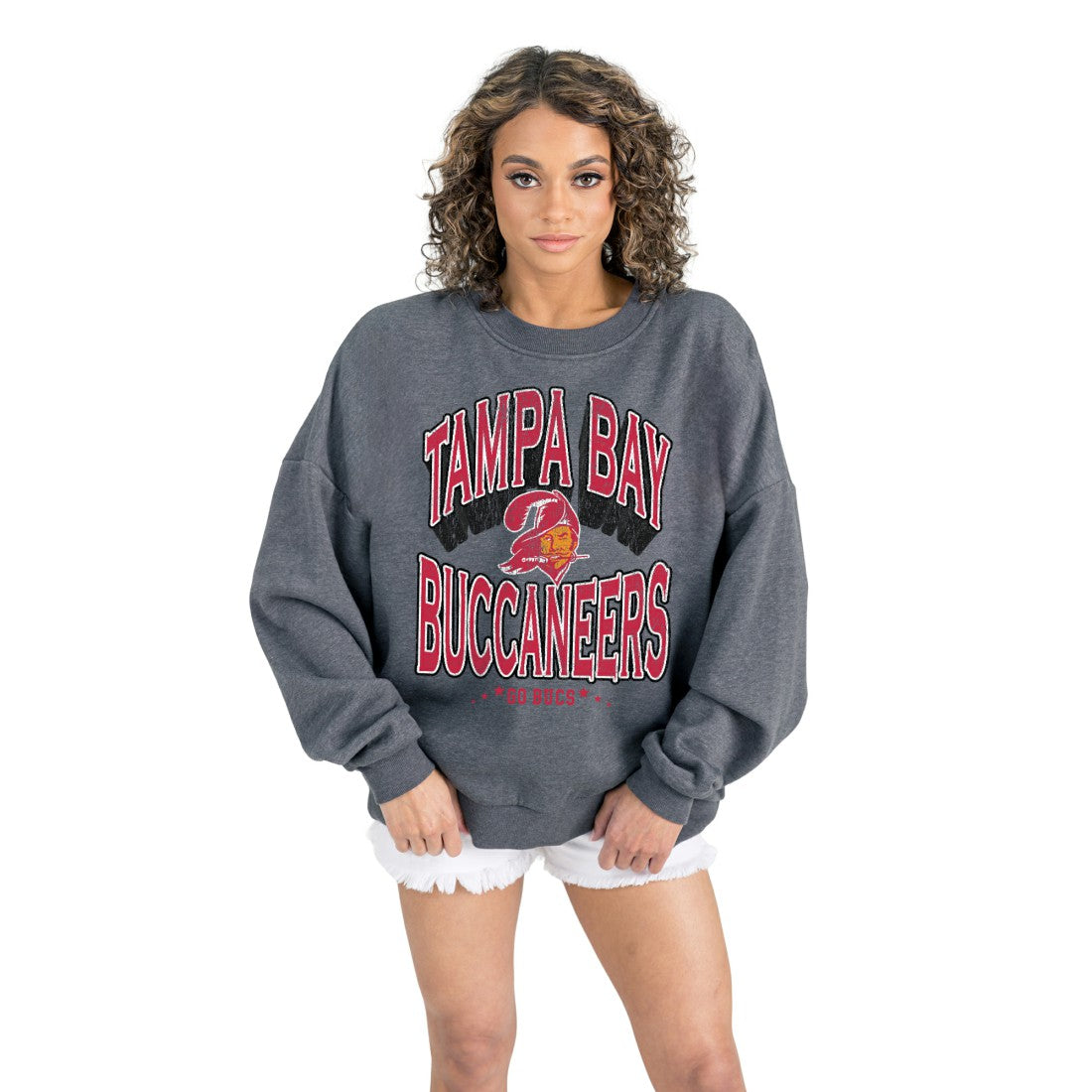 Tampa Bay Buccaneers Gameday Couture Women's Long Weekends Oversized Premium Fleece Pullover Sweatshirt - Charcoal Pullover