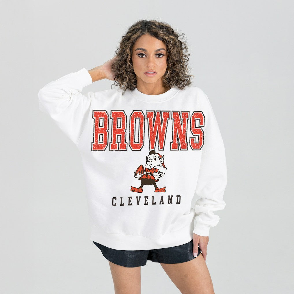 Cleveland Browns Gameday Couture Women's Classic Sunday Drives Oversized Premium Fleece Pullover Sweatshirt - White Pullover