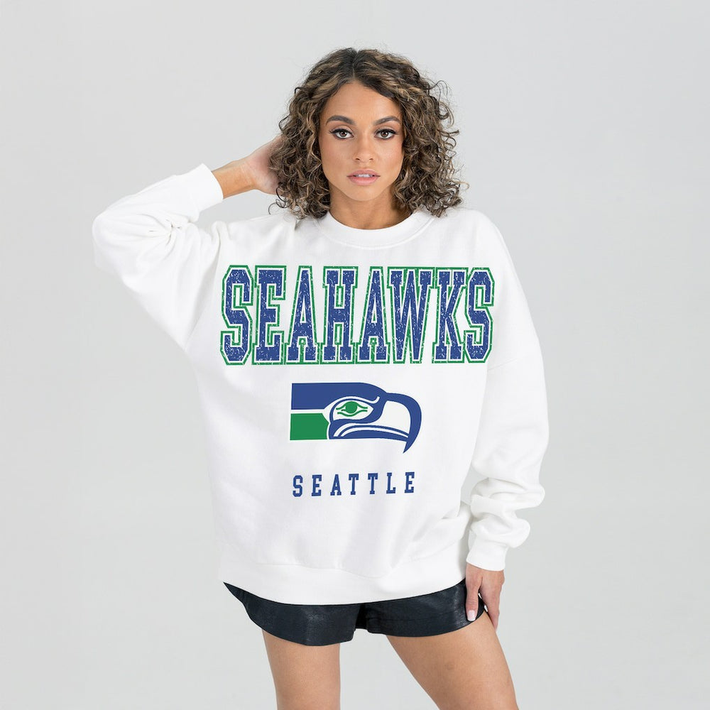 Seattle Seahawks Gameday Couture Women's Classic Sunday Drives Oversized Premium Fleece Pullover Sweatshirt - White Pullover