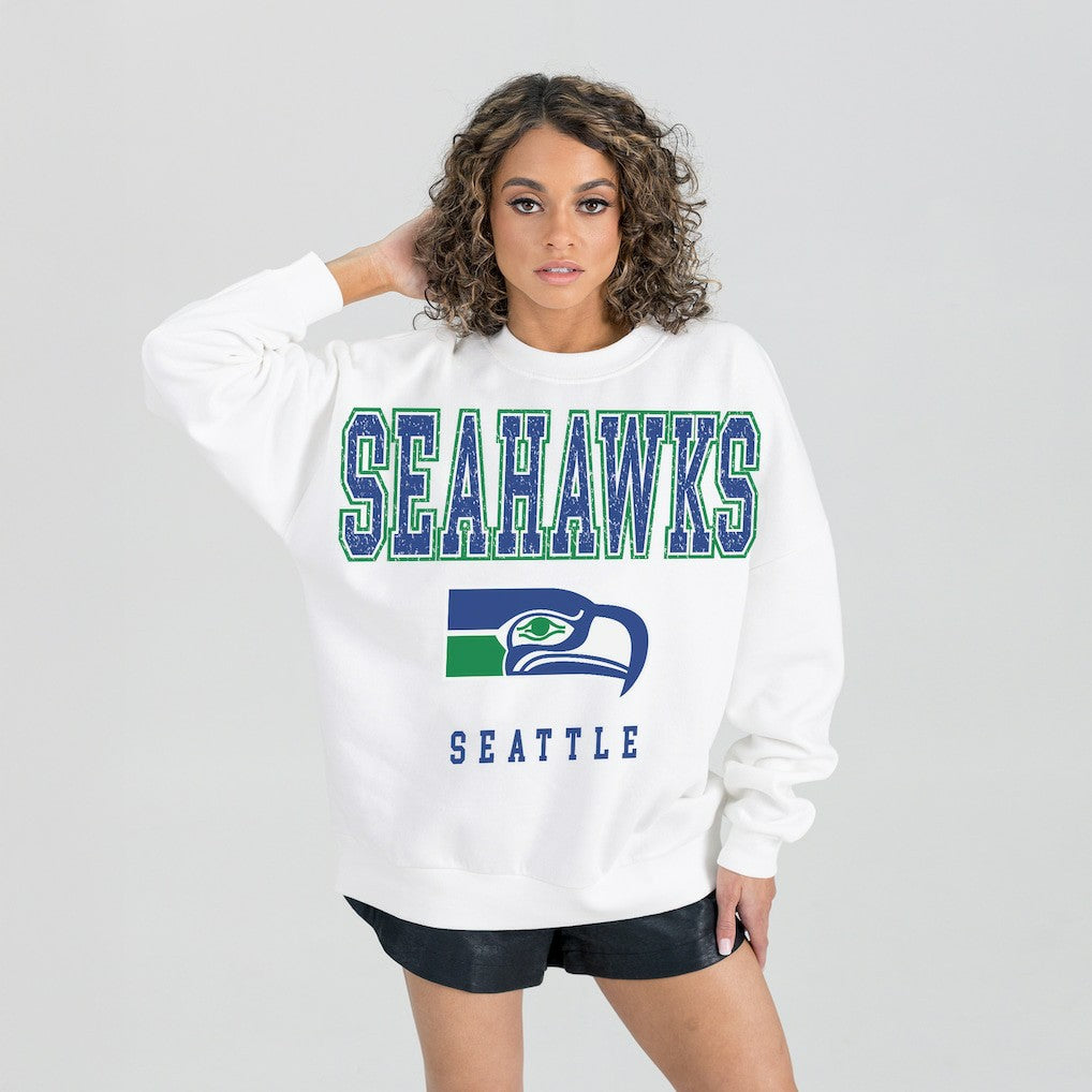 Seattle Seahawks Gameday Couture Women's Classic Sunday Drives Oversized Premium Fleece Pullover Sweatshirt - White Pullover