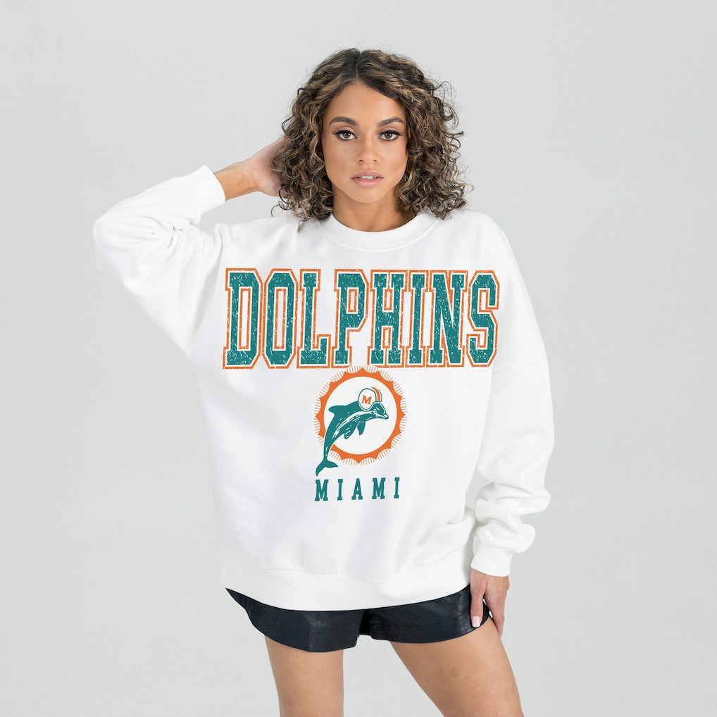 Miami Dolphins Gameday Couture Women's Classic Sunday Drives Oversized Premium Fleece Pullover Sweatshirt - White Pullover