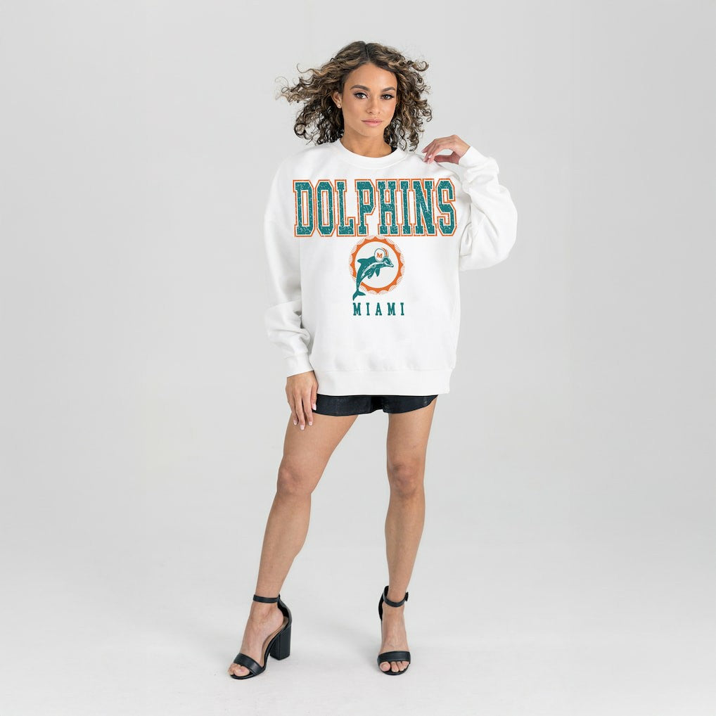 Miami Dolphins Gameday Couture Women's Classic Sunday Drives Oversized Premium Fleece Pullover Sweatshirt - White Pullover