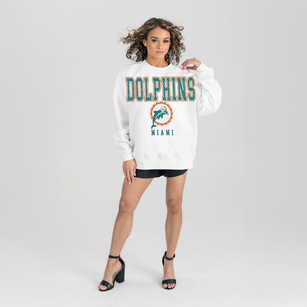 Miami Dolphins Gameday Couture Women's Classic Sunday Drives Oversized Premium Fleece Pullover Sweatshirt - White Pullover