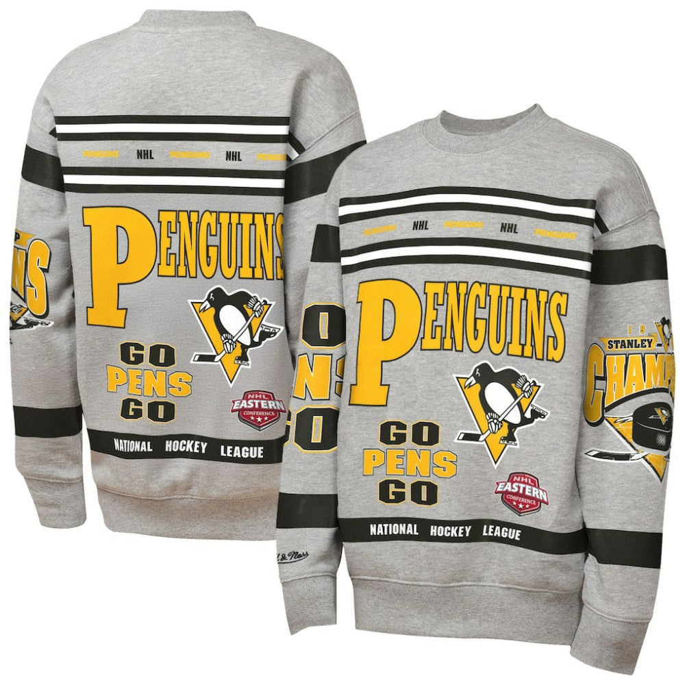 Pittsburgh Penguins Mitchell & Ness Youth Allover Print Fleece Crewneck Sweatshirt - Heather Gray | US 203328815