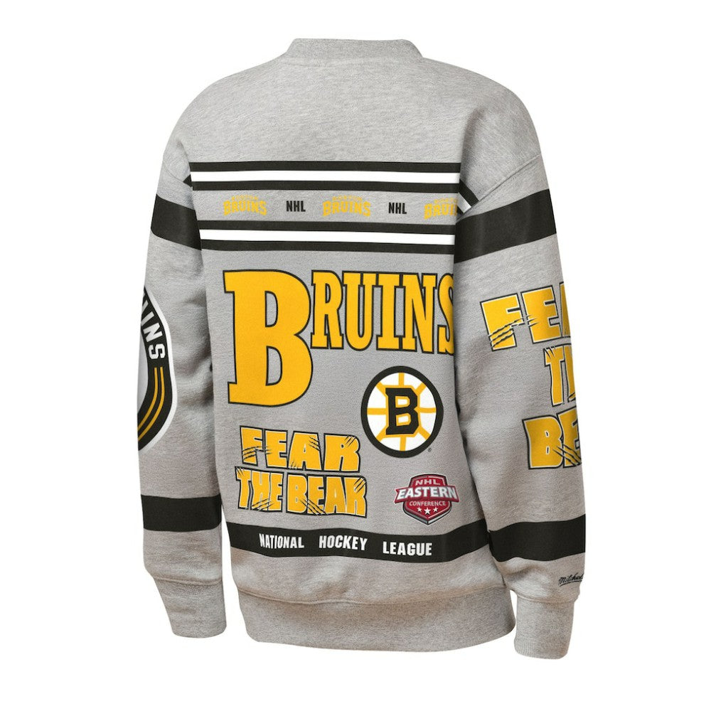 Boston Bruins Mitchell & Ness Youth Allover Print Fleece Crewneck Sweatshirt - Heather Gray | US 203328816