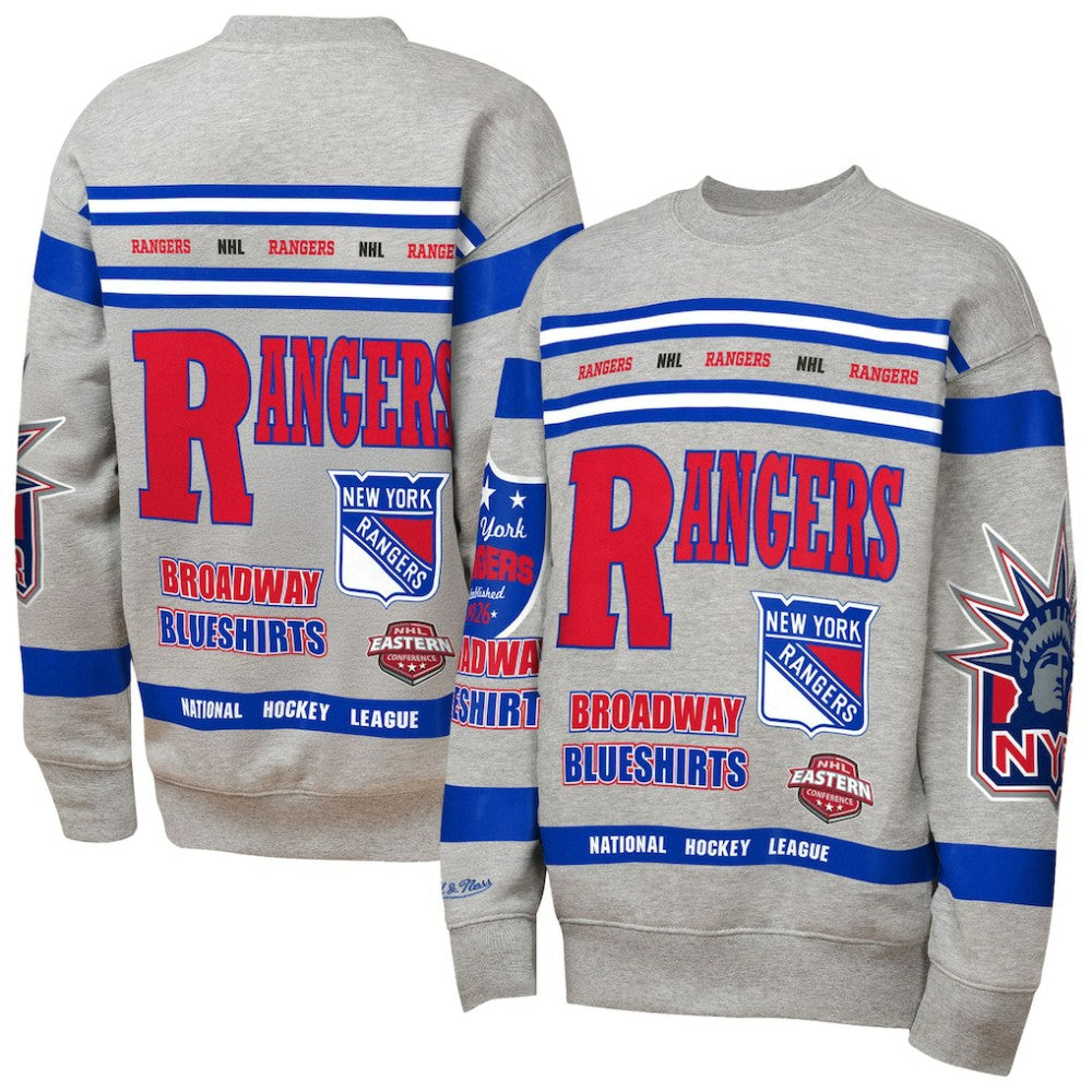 New York Rangers Mitchell & Ness Youth Allover Print Fleece Crewneck Sweatshirt - Heather Gray | US 203328818
