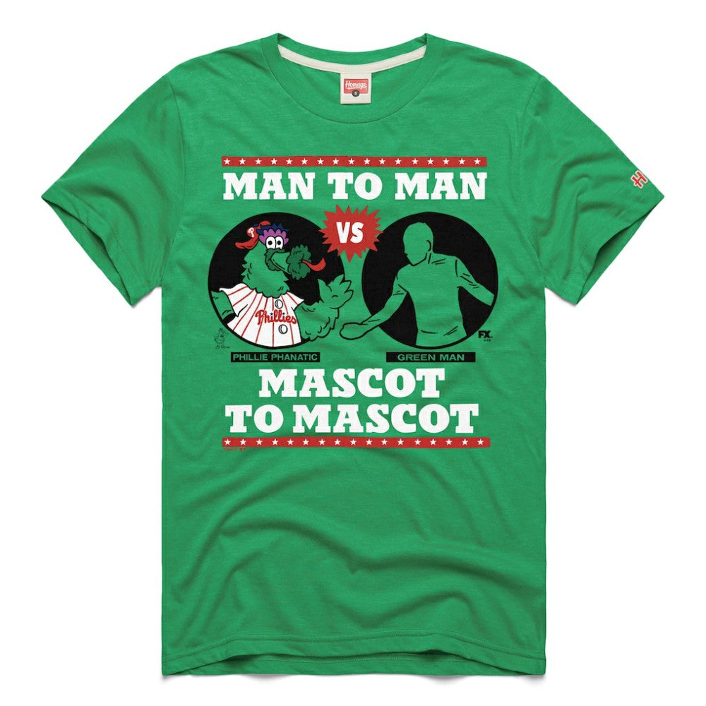 Philadelphia Phillies x It's Always Sunny in Philadelphia Homage Male Adult Phillie Phanatic vs Green Man T-Shirt - Green T-shirts