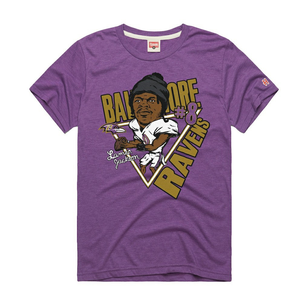 Lamar Jackson Baltimore Ravens Homage Unisex Caricature Player Graphic Tri-Blend T-Shirt - Purple T-shirts