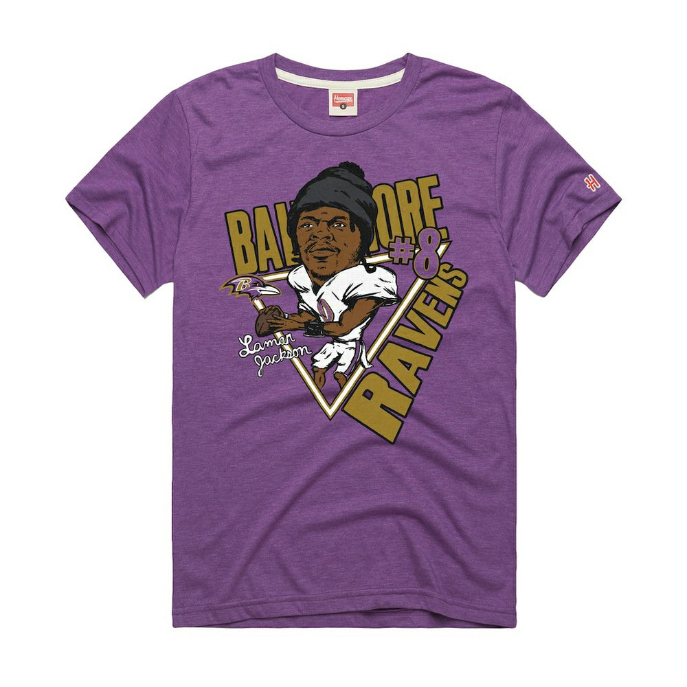 Lamar Jackson Baltimore Ravens Homage Unisex Caricature Player Graphic Tri-Blend T-Shirt - Purple T-shirts