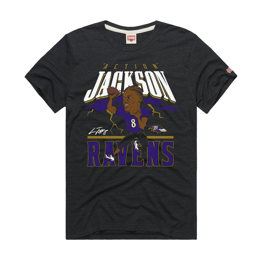 Lamar Jackson Baltimore Ravens Homage Unisex Caricature Player Graphic Tri-Blend T-Shirt - Charcoal T-shirts