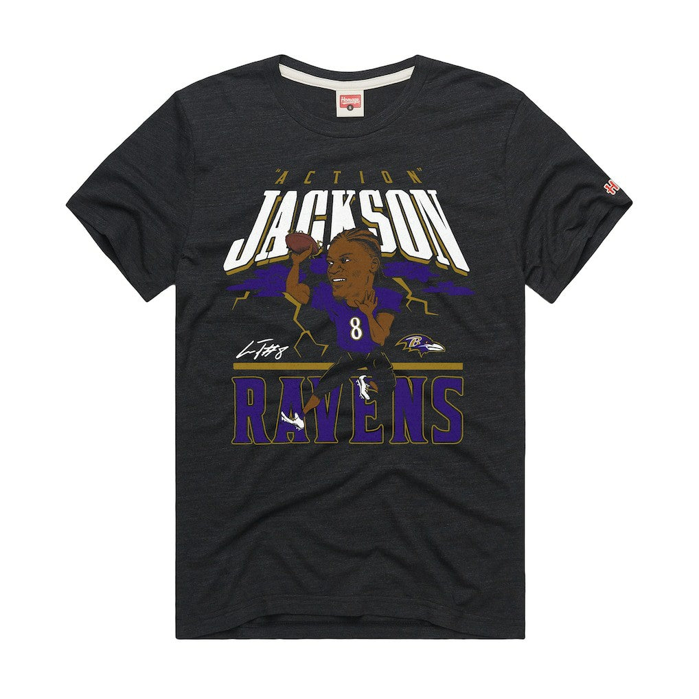 Lamar Jackson Baltimore Ravens Homage Unisex Caricature Player Graphic Tri-Blend T-Shirt - Charcoal T-shirts