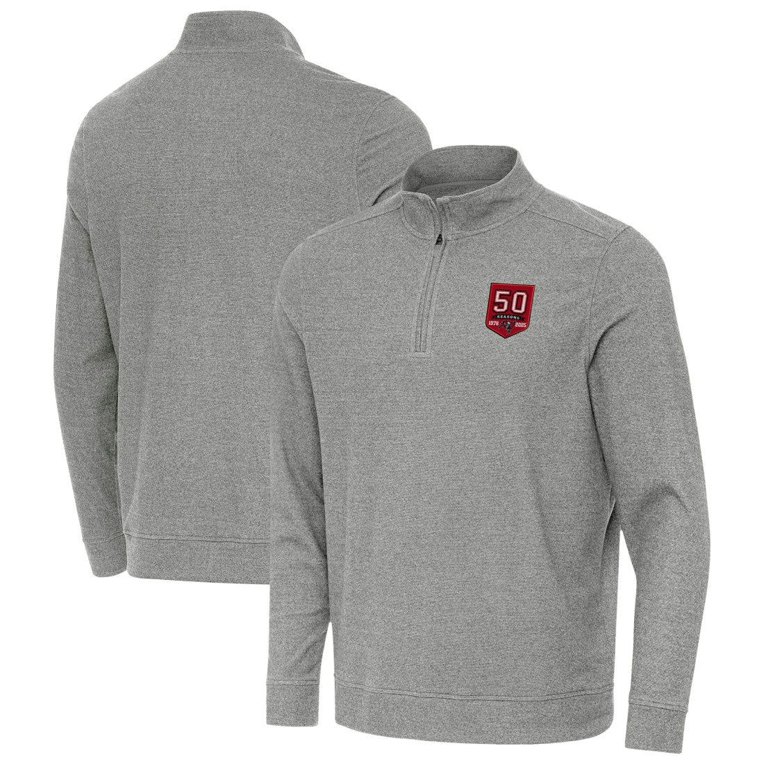 Tampa Bay Buccaneers Antigua 50th Season Subtle Quarter-Zip Sweatshirt - Heather Black Sweatshirts