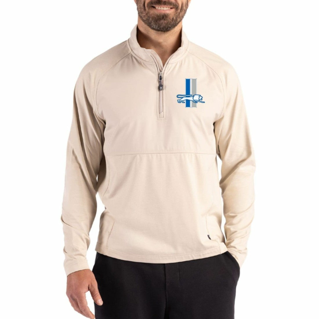 Detroit Lions Cutter & Buck Adapt Eco Knit Hybrid Recycled Quarter-Zip Jacket - Light Brown Jackets