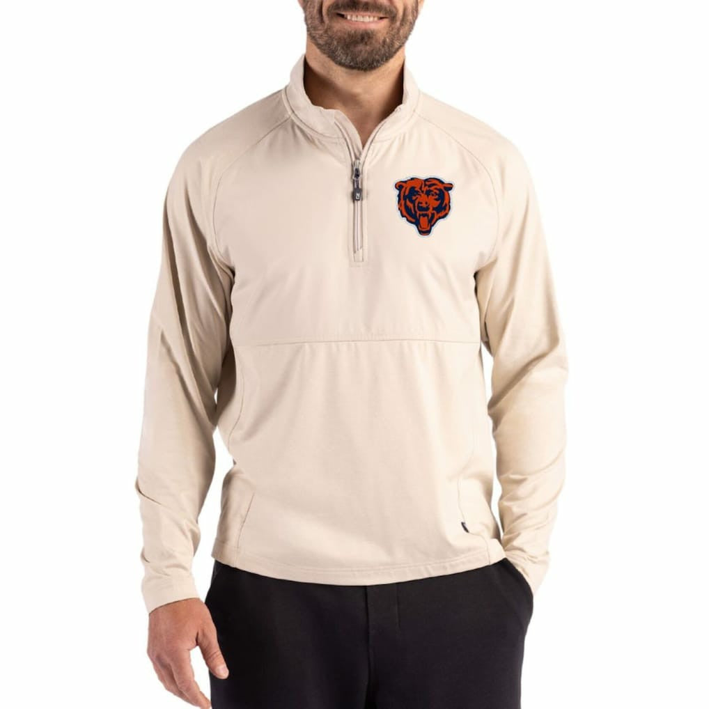 Chicago Bears Cutter & Buck Adapt Eco Knit Hybrid Recycled Quarter-Zip Jacket - Light Brown Jackets