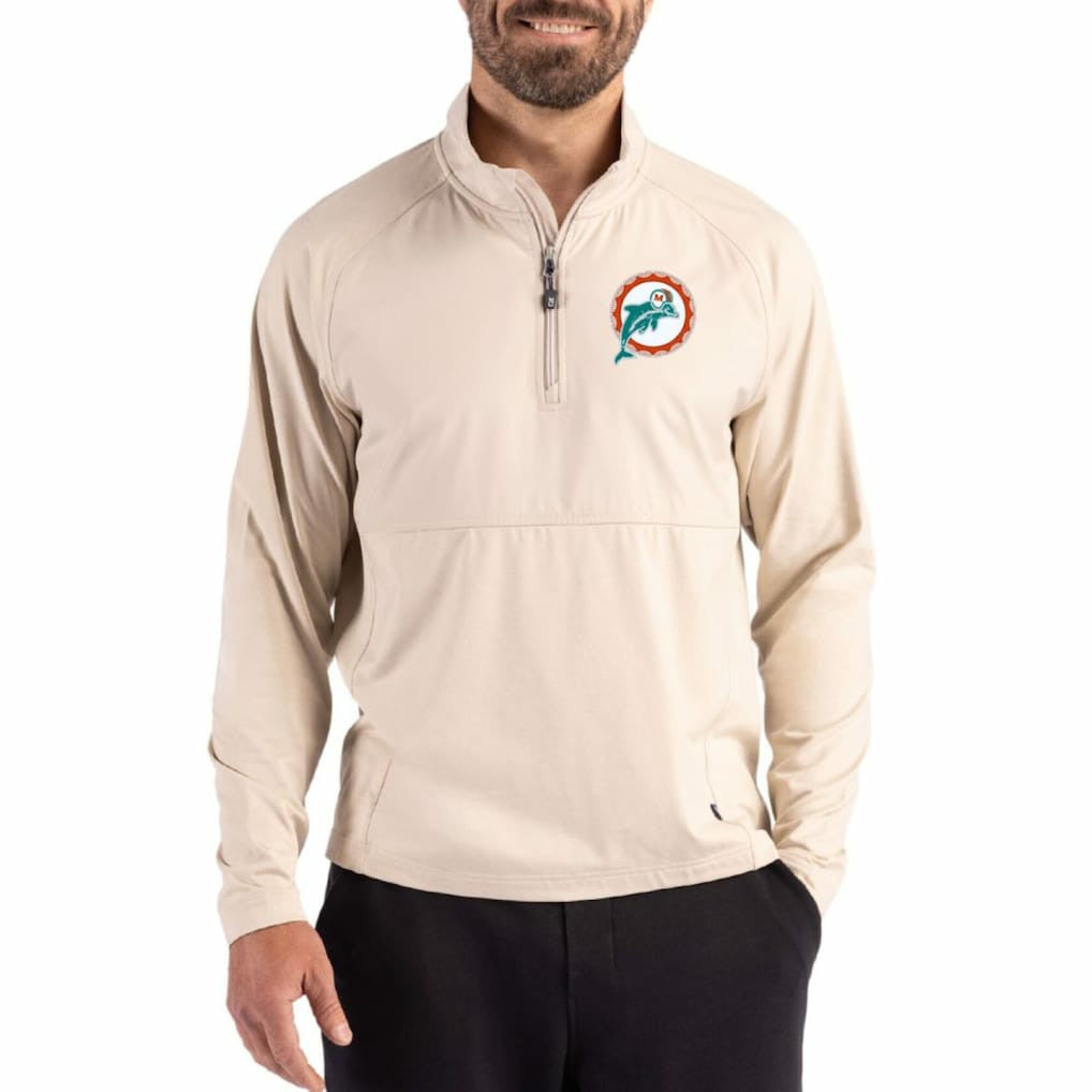 Miami Dolphins Cutter & Buck Adapt Eco Knit Hybrid Recycled Quarter-Zip Jacket - Light Brown Jackets