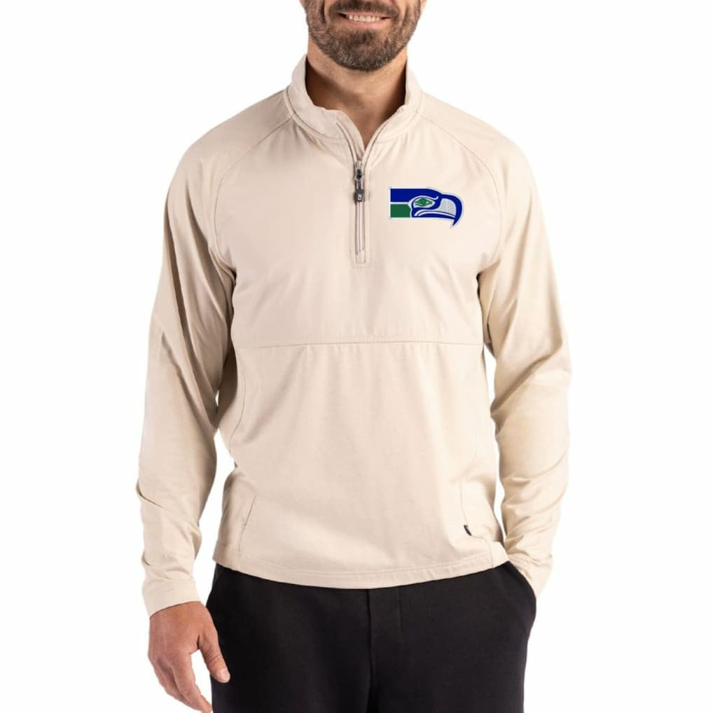 Seattle Seahawks Cutter & Buck Adapt Eco Knit Hybrid Recycled Quarter-Zip Jacket - Light Brown Jackets