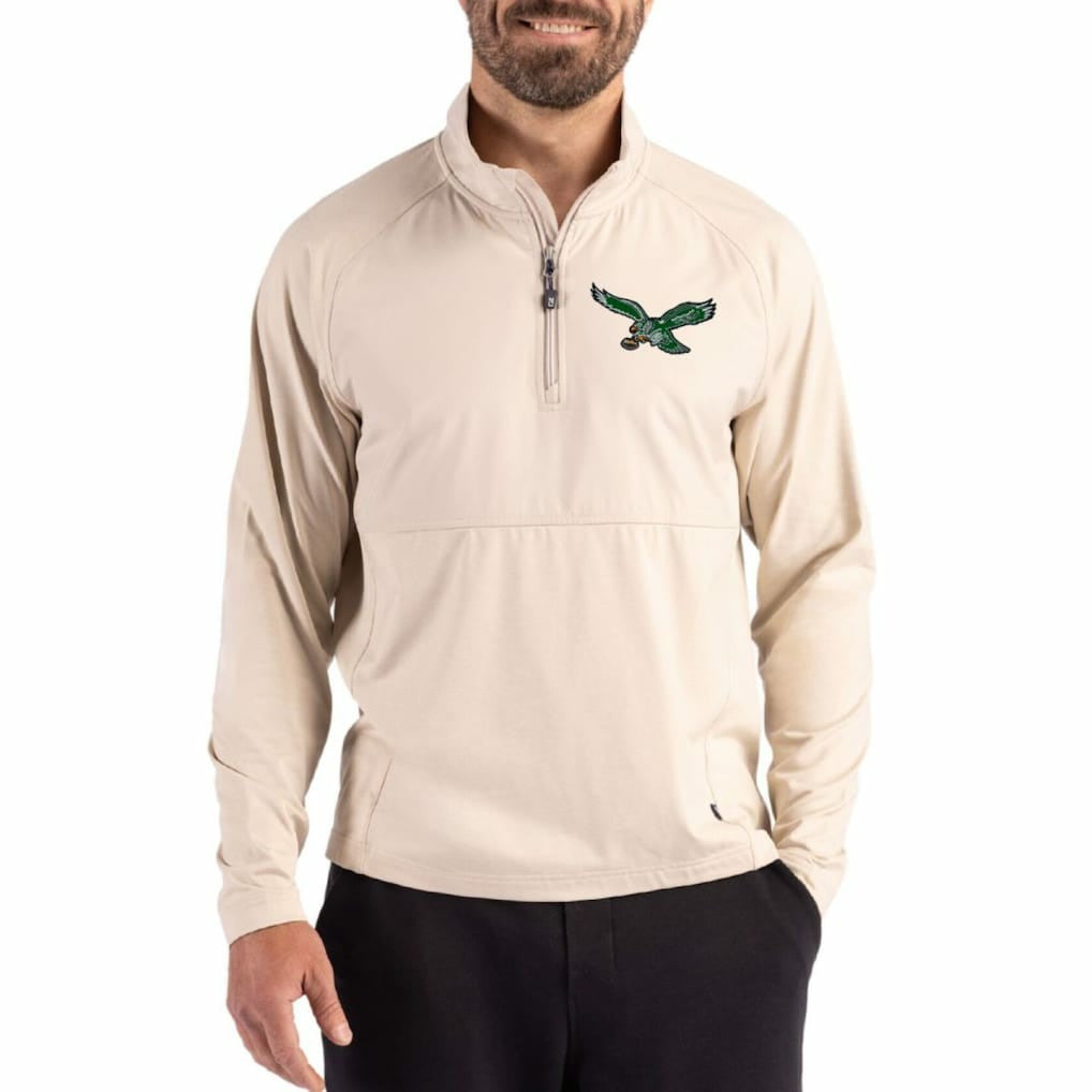 Philadelphia Eagles Cutter & Buck Adapt Eco Knit Hybrid Recycled Quarter-Zip Jacket - Light Brown Jackets