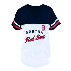 Boston Red Sox Profile Women's Plus Size Two-Stripe V-Neck T-Shirt - White/Navy T-shirts