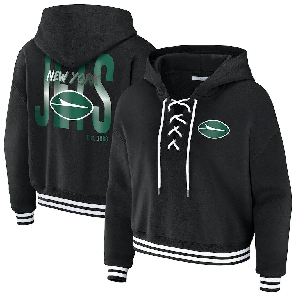 New York Jets WEAR by Erin Andrews Women's Lace-Up Fleece Hoodie - Black Hoodies