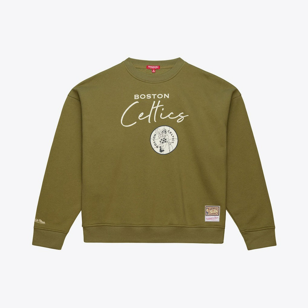 Boston Celtics Women's Lightweight Script Sweatshirt Olive - Mitchell & Ness