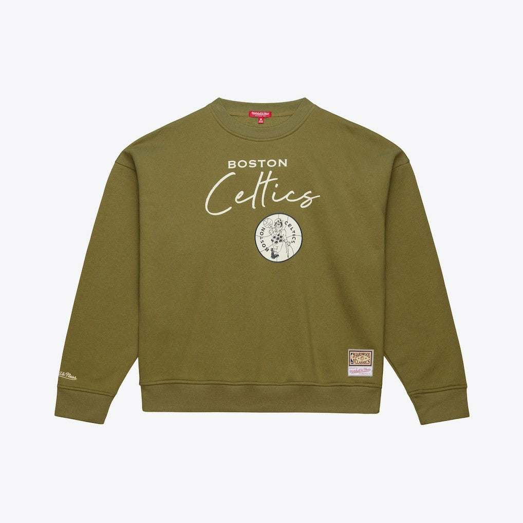 Boston Celtics Women's Lightweight Script Sweatshirt Olive - Mitchell & Ness