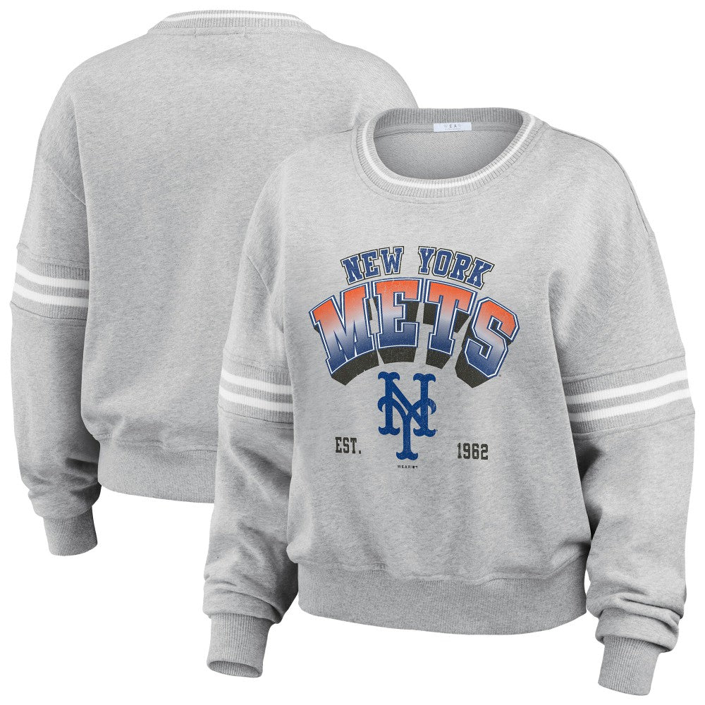 New York Mets WEAR by Erin Andrews Women's Sleeve Stripe Fleece Sweatshirt - Gray Sweatshirts
