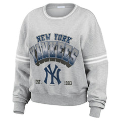 New York Yankees WEAR by Erin Andrews Women's Sleeve Stripe Fleece Crewneck Sweatshirt - Gray Sweatshirts