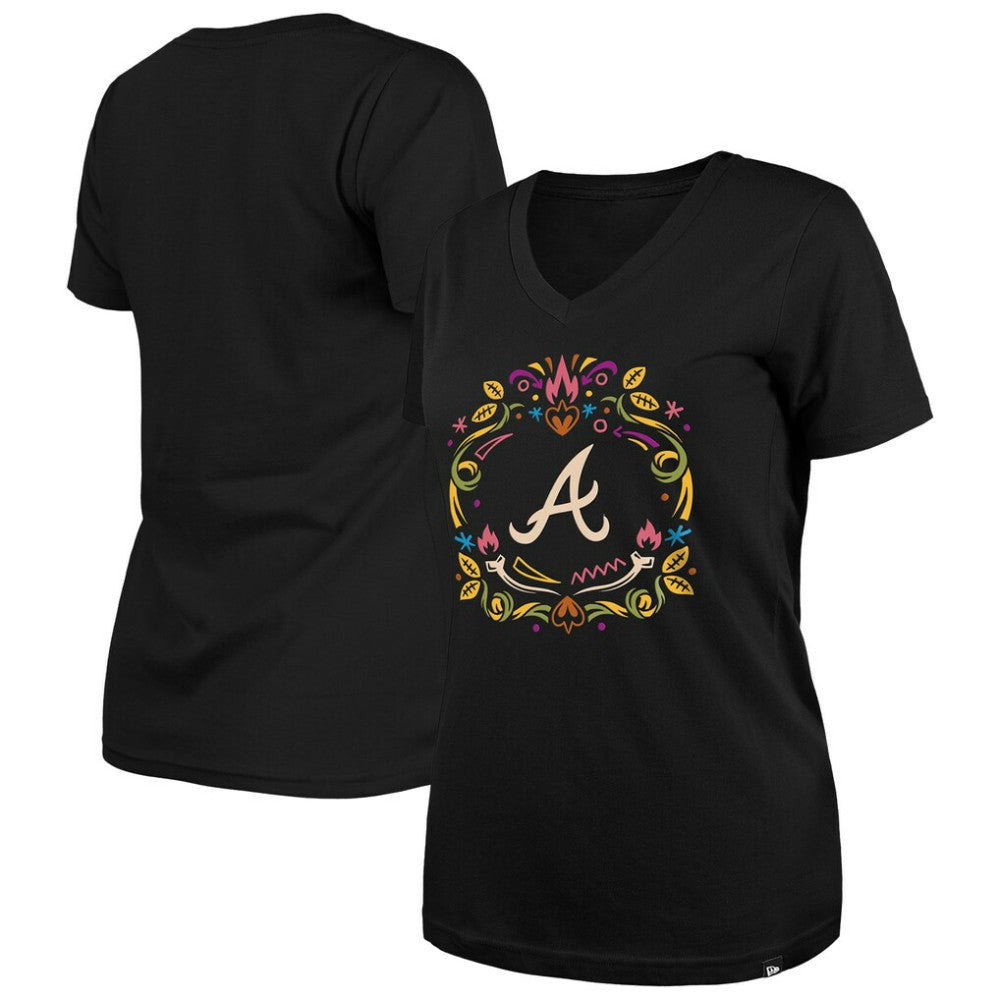 Atlanta Braves New Era Women's Día de los Muertos V-Neck T-Shirt - Black T-shirts