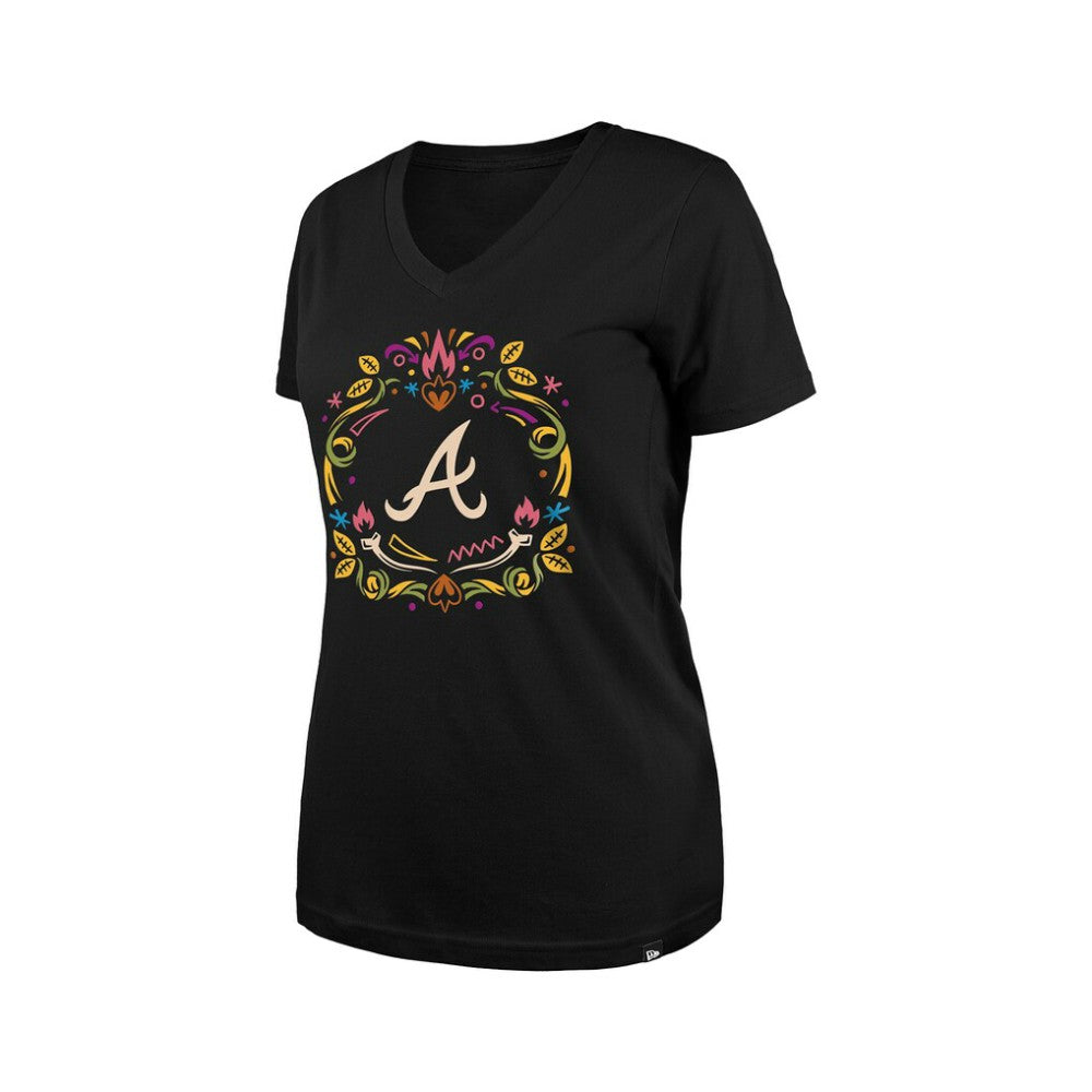 Atlanta Braves New Era Women's Día de los Muertos V-Neck T-Shirt - Black T-shirts