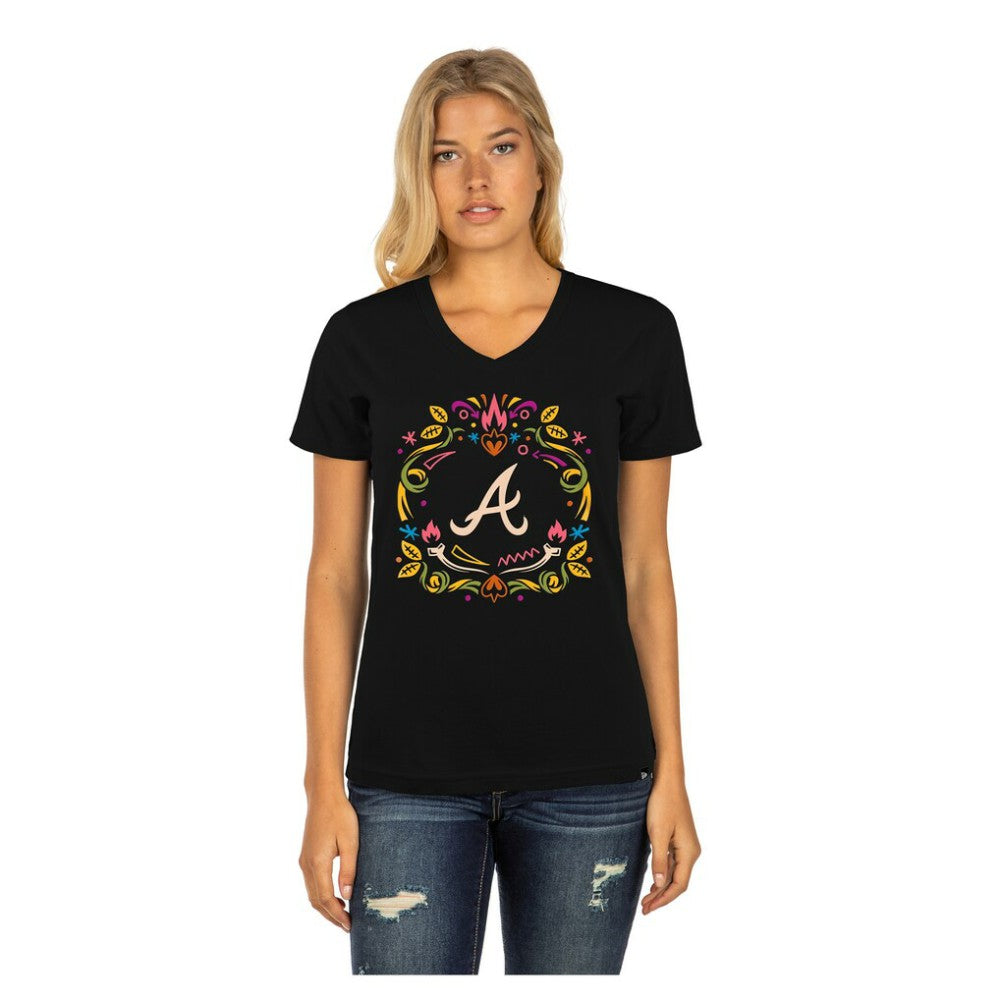 Atlanta Braves New Era Women's Día de los Muertos V-Neck T-Shirt - Black T-shirts