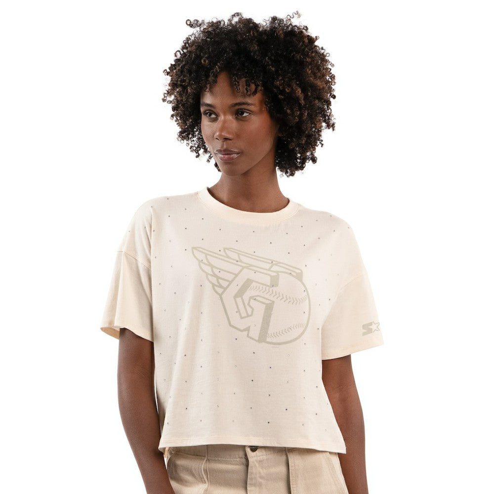 Cleveland Guardians Starter Women's Rhinestone Sprinkle Boxy Cropped T-Shirt - Cream T-shirts