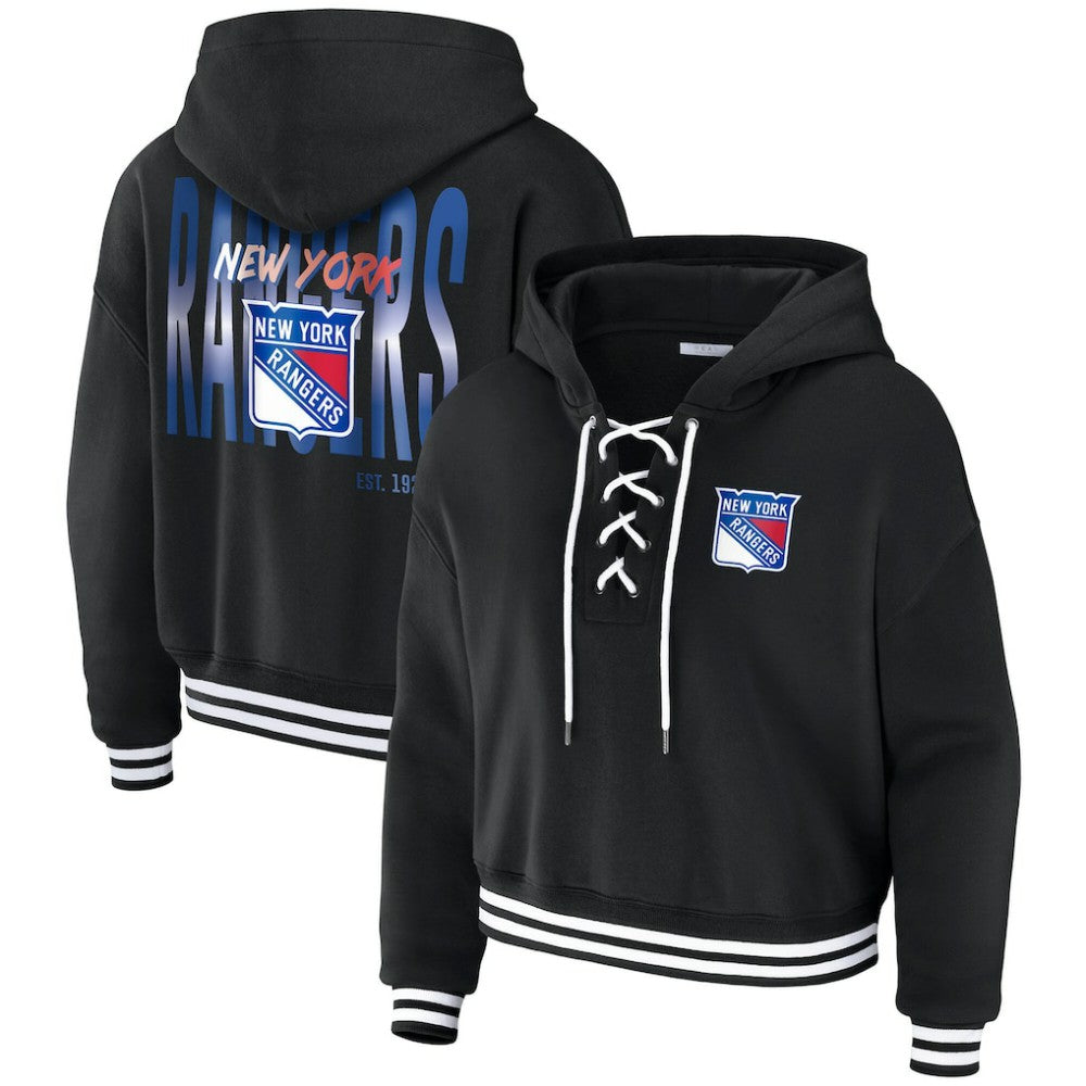 New York Rangers WEAR by Erin Andrews Women's Cropped Lace-Up Hoodie - Black | US 203391591