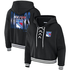 New York Rangers WEAR by Erin Andrews Women's Cropped Lace-Up Hoodie - Black | US 203391591