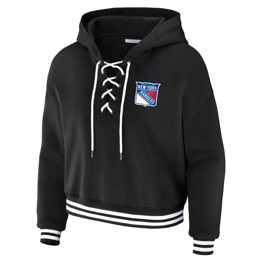 New York Rangers WEAR by Erin Andrews Women's Cropped Lace-Up Hoodie - Black | US 203391591
