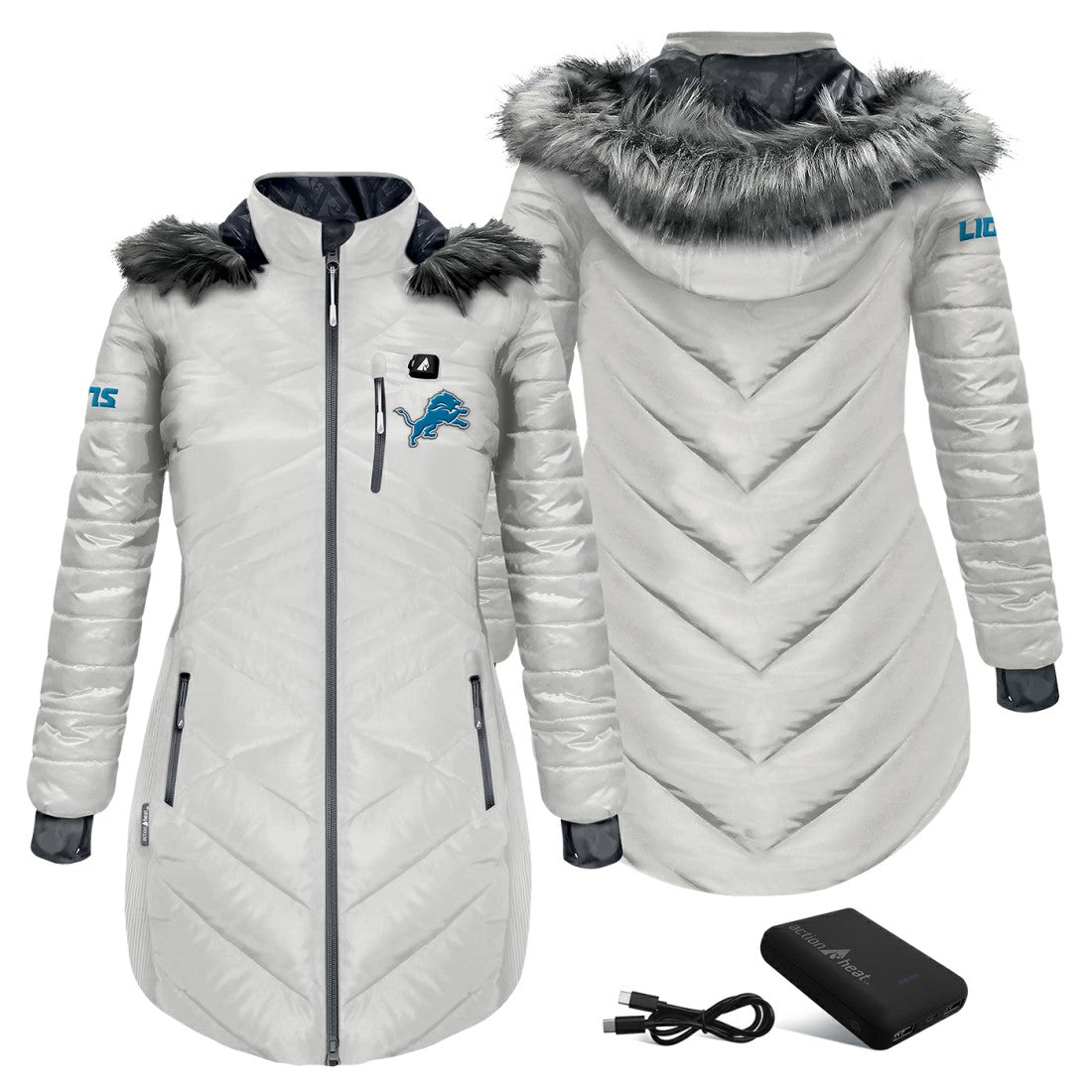 Detroit Lions ActionHeat Women's 5V Battery Heated Long Puffer Full-Zip Hoodie Jacket - White Hoodies