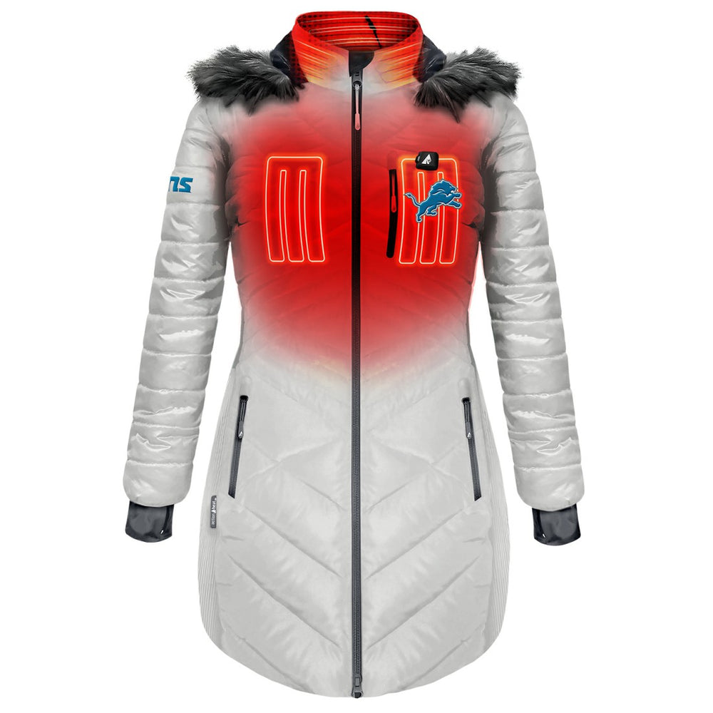 Detroit Lions ActionHeat Women's 5V Battery Heated Long Puffer Full-Zip Hoodie Jacket - White Hoodies