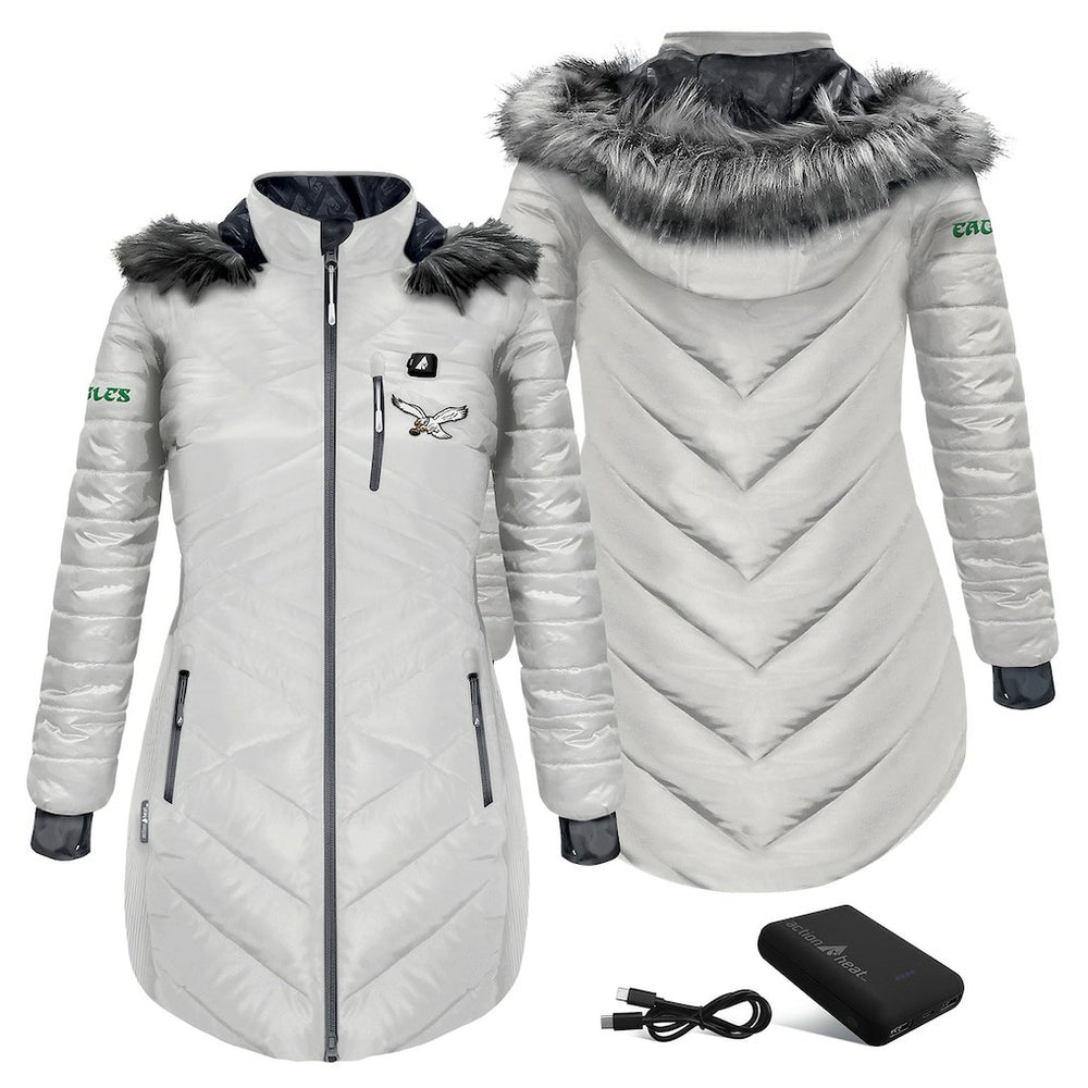 Philadelphia Eagles ActionHeat Women's 5V Battery Heated Long Puffer Full-Zip Hoodie Jacket - White Hoodies