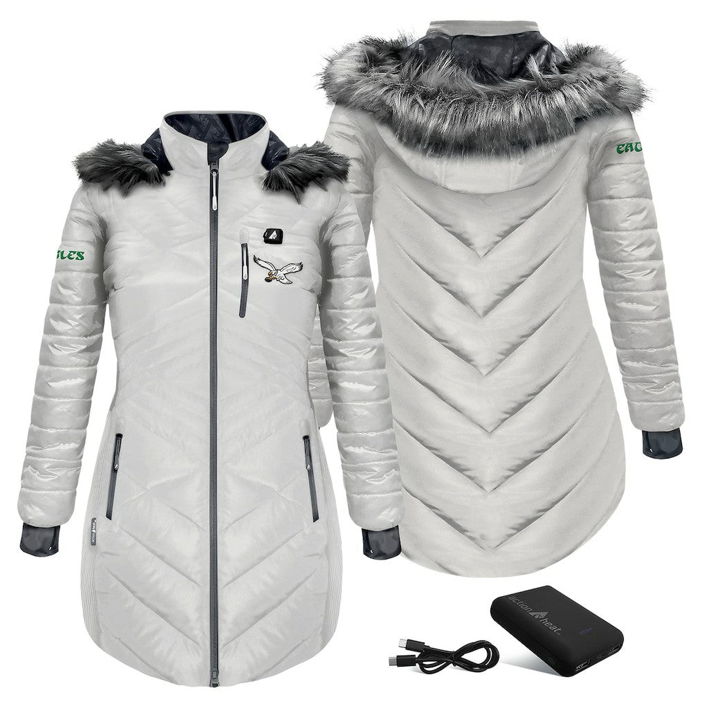 Philadelphia Eagles ActionHeat Women's 5V Battery Heated Long Puffer Full-Zip Hoodie Jacket - White Hoodies