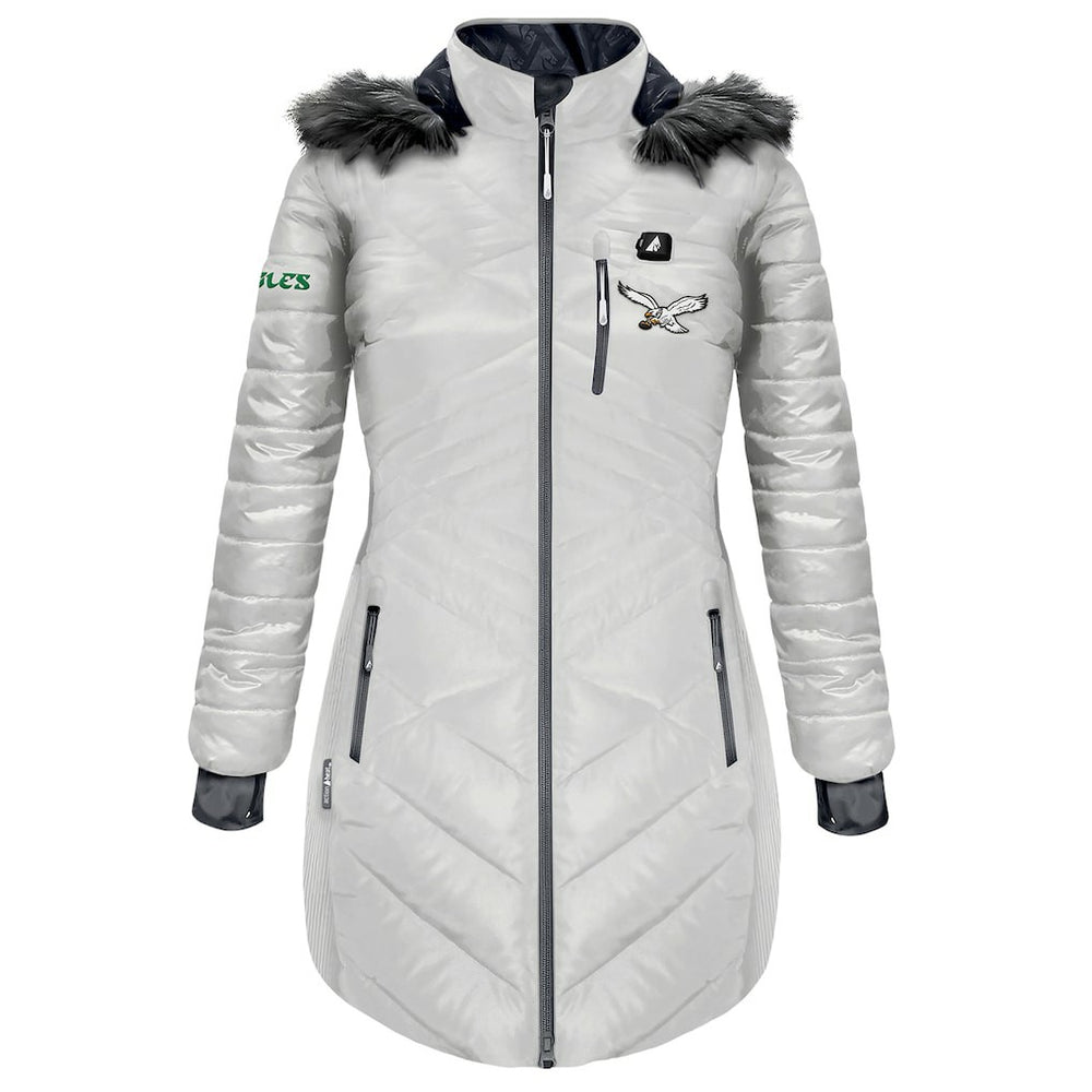 Philadelphia Eagles ActionHeat Women's 5V Battery Heated Long Puffer Full-Zip Hoodie Jacket - White Hoodies