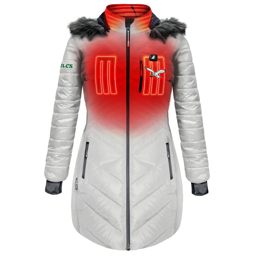 Philadelphia Eagles ActionHeat Women's 5V Battery Heated Long Puffer Full-Zip Hoodie Jacket - White Hoodies