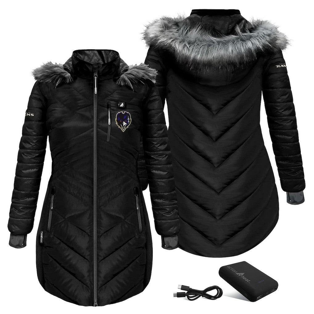 Baltimore Ravens ActionHeat Women's 5V Battery Heated Long Puffer Full-Zip Hoodie Jacket - Black Hoodies