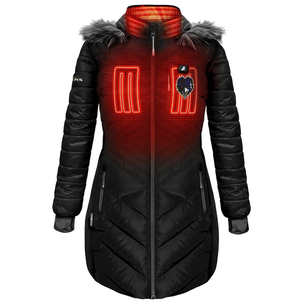 Baltimore Ravens ActionHeat Women's 5V Battery Heated Long Puffer Full-Zip Hoodie Jacket - Black Hoodies