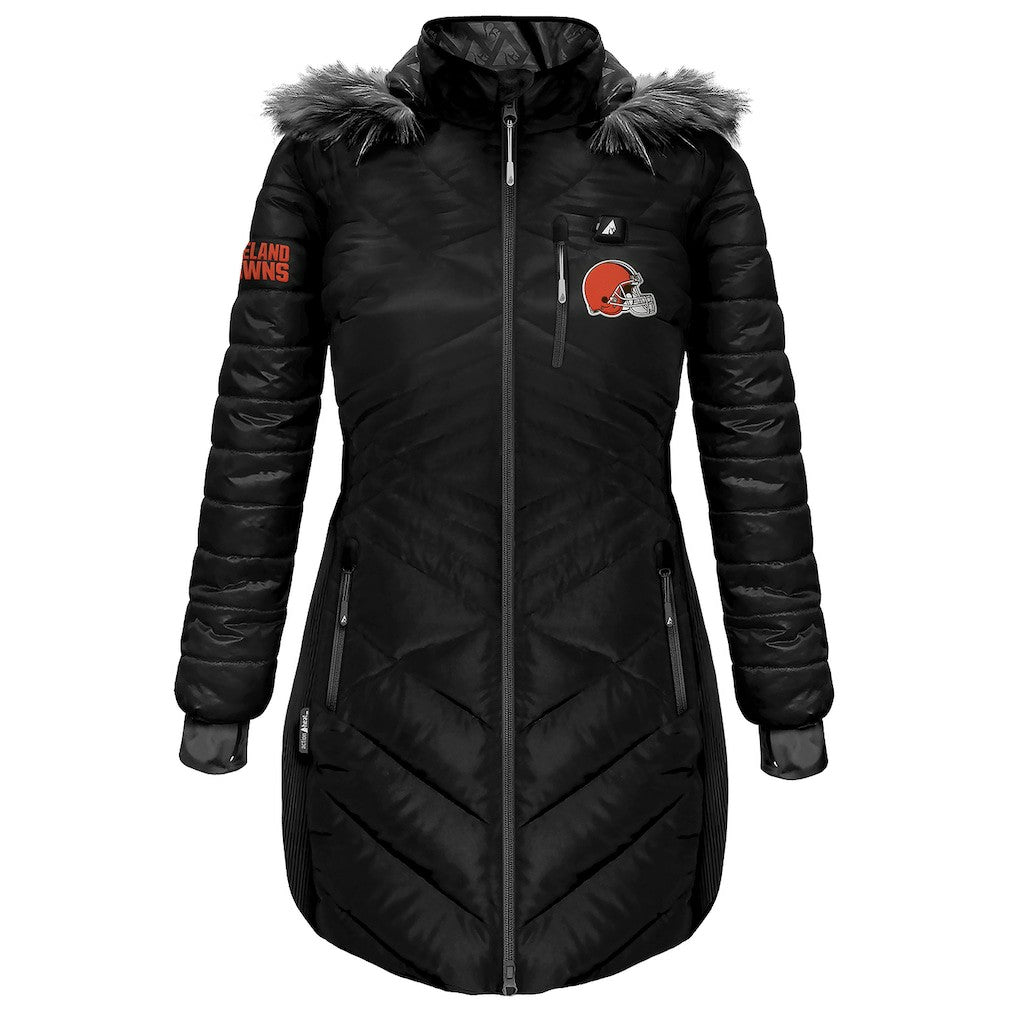 Cleveland Browns ActionHeat Women's 5V Battery Heated Long Puffer Full-Zip Hoodie Jacket - Black Hoodies