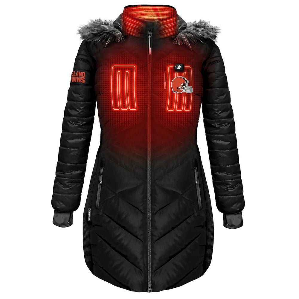 Cleveland Browns ActionHeat Women's 5V Battery Heated Long Puffer Full-Zip Hoodie Jacket - Black Hoodies