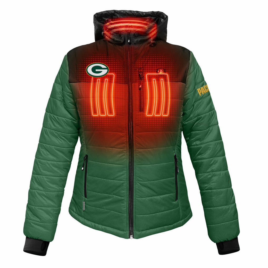 Green Bay Packers ActionHeat Women's 5V Battery Heated Insulated Puffer Full-Zip Jacket - Green/Black Jackets